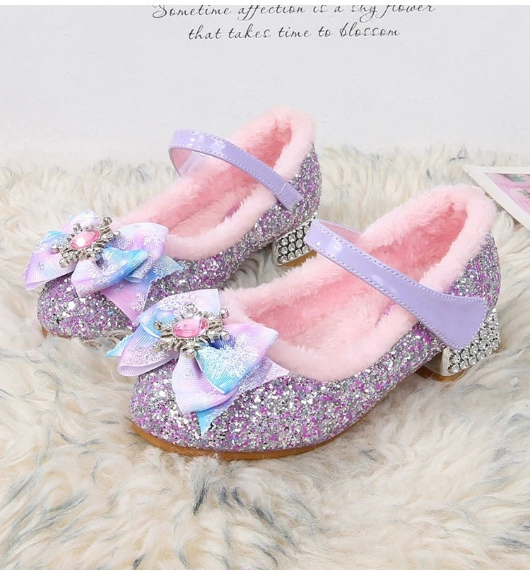 Disney Elsa Girls' High Heel Bowknot Blue Pink Fashion Children's Girl Crystal Princess Warm Winter Shoes Gift Size 23-36