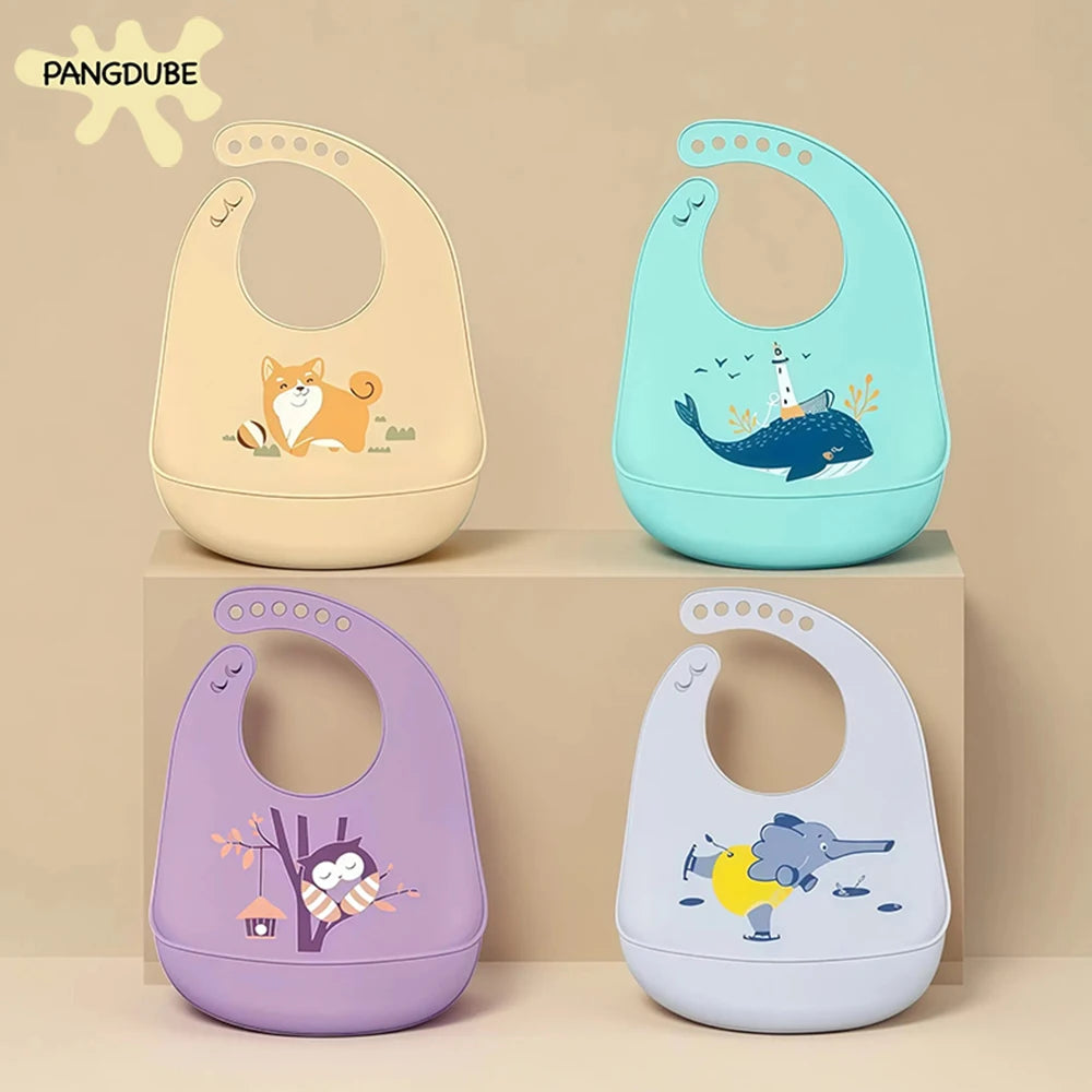 PANGDUBE Waterproof Silicone Baby Bibs Adjustable Cute Printed Design Soft Leak-Proof Feeding Bib BPA Free for Boys Girls