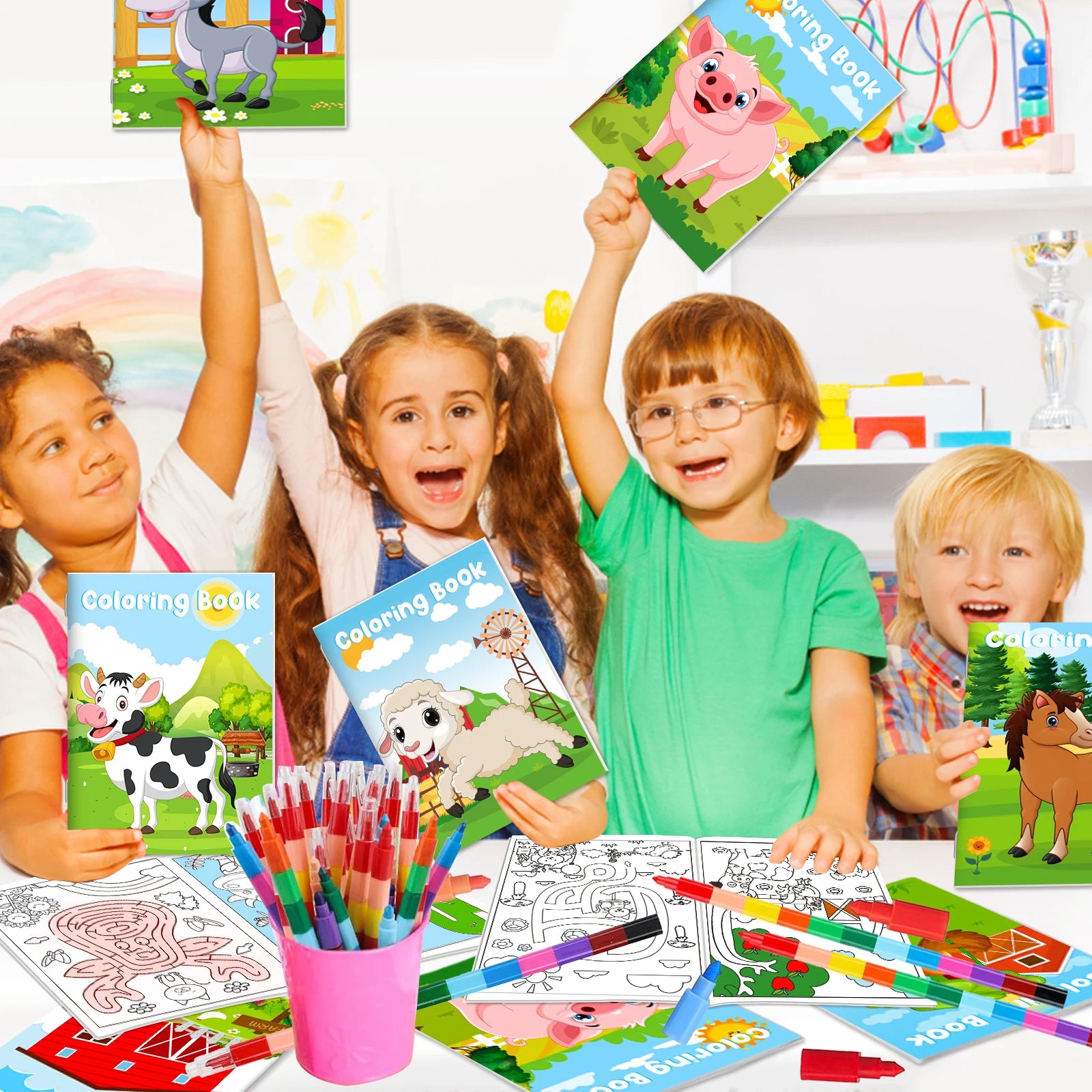 24Pcs Farm Coloring Books for Kids with 24 Stacking Crayons Mini Coloring Book Party Favors Bulk Gifts Cows Horses Barns Small A