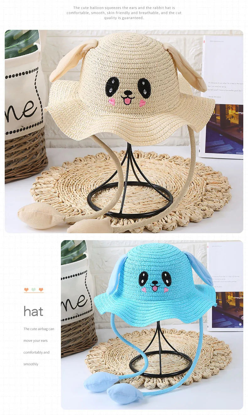 Kids Baby Bunny Hat with Moving Ears Rabbit Straw Hat Jumping Ear Funny Cap Wide Brim Sun Protection Hat Boys Girls Outdoor