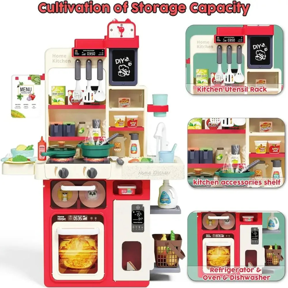 Kids Kitchen Playset with Realistic Lights & Sounds Spray Sink Pretend Play Food Kitchen Christmas Gift for Boys Girls Toddlers