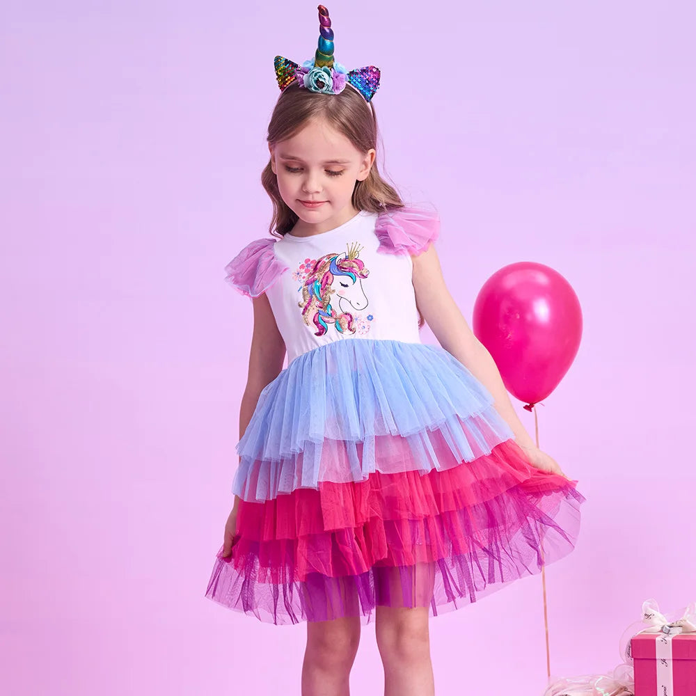 VIKITA Teenagers Girls Licorne Sequined Appliqued Cartoon Dress Kids Colorful Tiered Tulle Layered Tutu Dresses for Summer 3-12Y