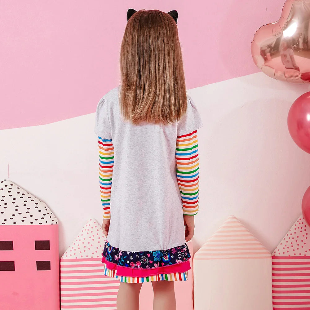 VIKITA Kinder Baumwoll-Freizeitkostüme Kleinkinder Herbst Frühling Minikleid Kinder Blumen Puppenmuster Regenbogen Prinzessin Alltagskleidung