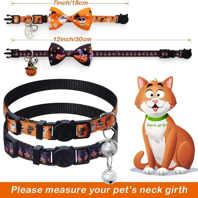 1/4 Pcs Halloween Cat Collar with Bow Tie & Bell Adjustable Breakaway Kitten Collar for Kitty Kitten Adult Cats Dog Pet Supplies