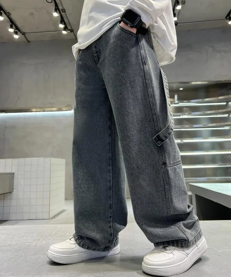 2025 Spring Boys' Wide-Leg Jeans Loose-Fit Trendy Streetwear for Kids Ages 8-14