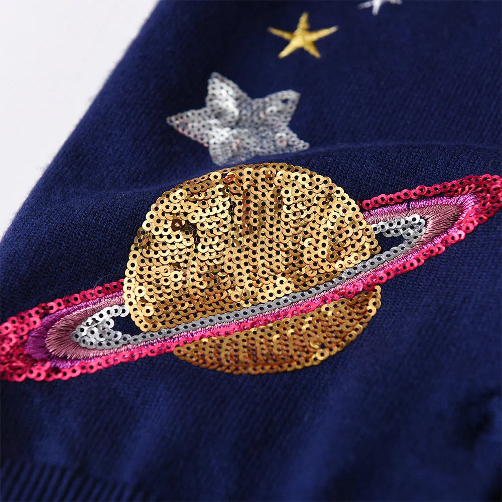 VIKITA Toddlers Navy Blue Gardigan with Sequined Planet Star Appliqued Kids Autumn Spring Fashion Casual Outfits Sweaters 3 Yrs