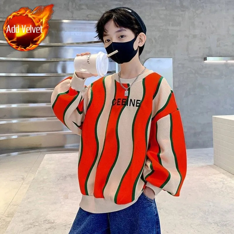 Boys' Medium-Large 2025 New Arrival No Hood Fleece-Lined Spring/Autumn Trendy Cool Kids Sweatshirt