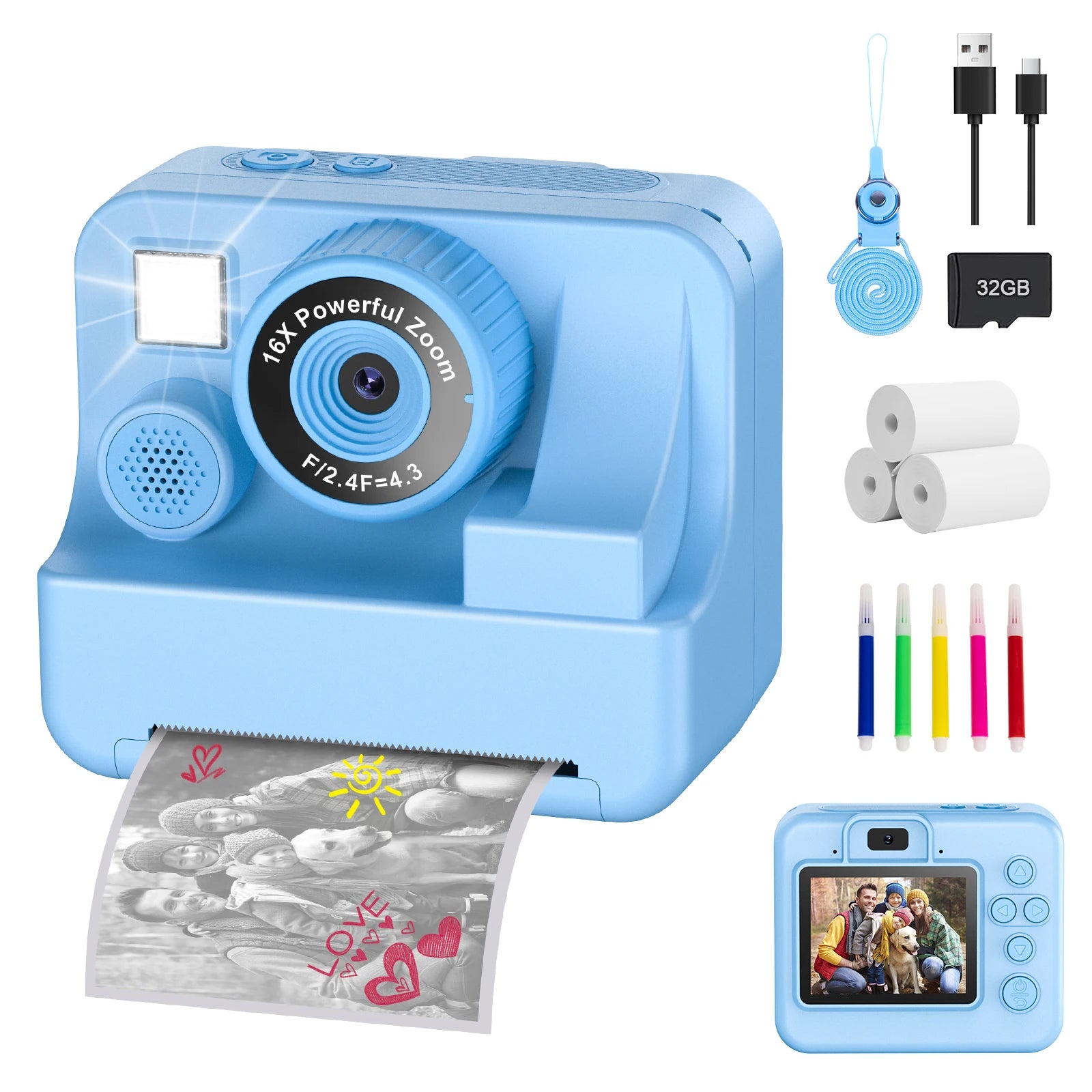 New Bee Kids Instant Print Camera 1080P HD Dual Lens Selfie 32GB Digital Camera for Girls Boys Christmas Birthday Gifts Toys