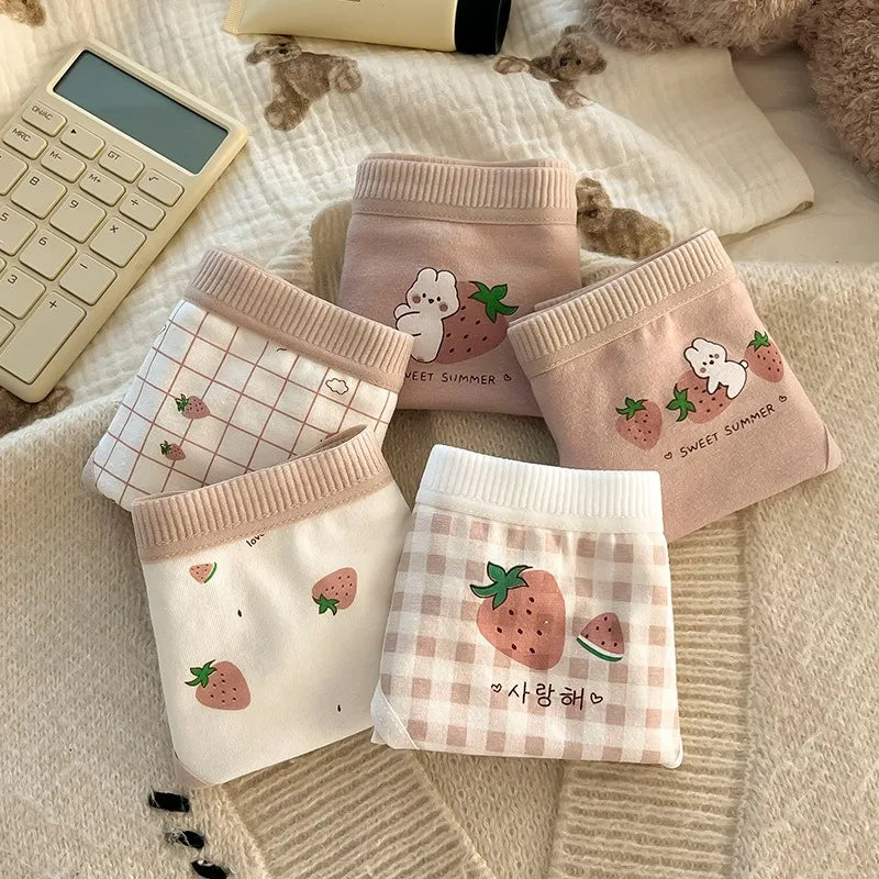 5PCS Kids Girls Cotton Soft Antibacterial Briefs Baby Cute Strawberry Print Panties 2+y Young Children Thin Breathable Underwear