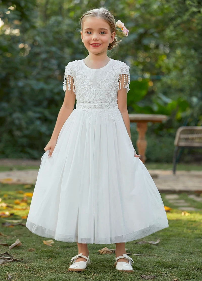 Christmas Girl's New Bohemian Style Lace Tassel Flower Backless Solid Color Fashionable and Atmospheric Gathering Mesh Dress