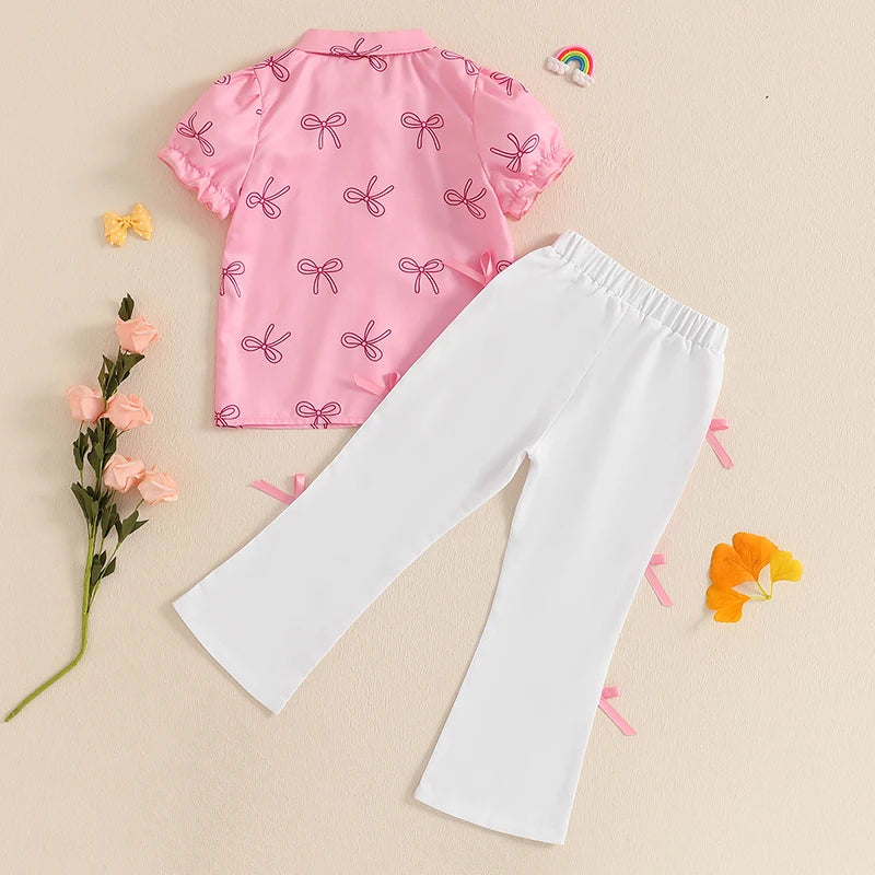 Girls Summer Outfits Adorable Bow Print Short-Sleeve T-Shirt with Button-Up Detail and Elastic Flare Pants - 2-Piece Set for