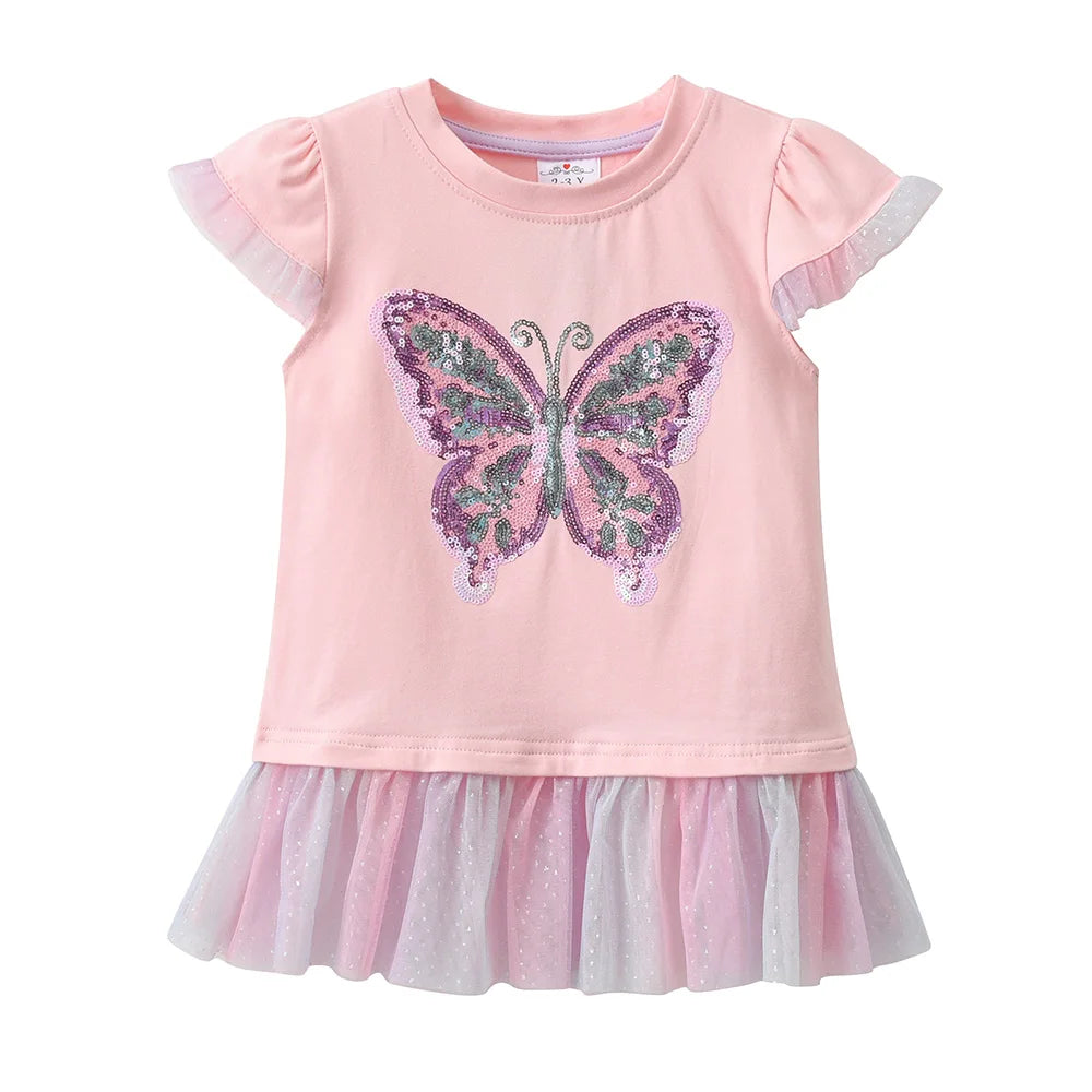 Girls Pink Flare Sleeve T Shirt Kids Sequined Colorful Butterfly Appliqued Ruffle Tees Kids Parties Casual Outings Cotton Tops