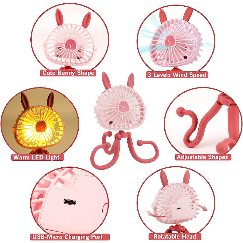 Baby Stroller Cooling Fan, Portable Fan with Tripod Clip on, Handheld Fan USB Rechargeable for Bed, Car Seat, Travel, Camping