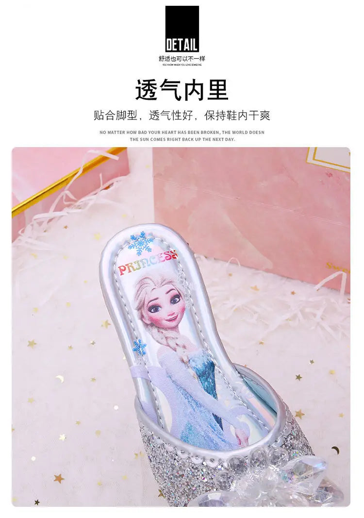 Disney Children's Sandals Frozen Slippers Fashion Elsa Princess Shoes Crystal Flowers Non-slip Blue Pink Silver Girls' Sandals