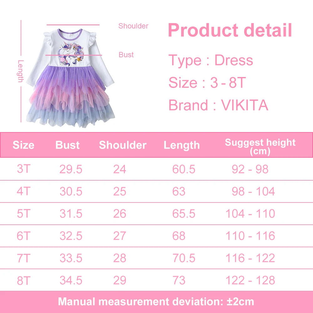 VIKITA Winter Children Dresses Unicorn Kids Princess Tutu Dress Irregular Prom Costume Long Sleeve Birthday Party Girls Clothes