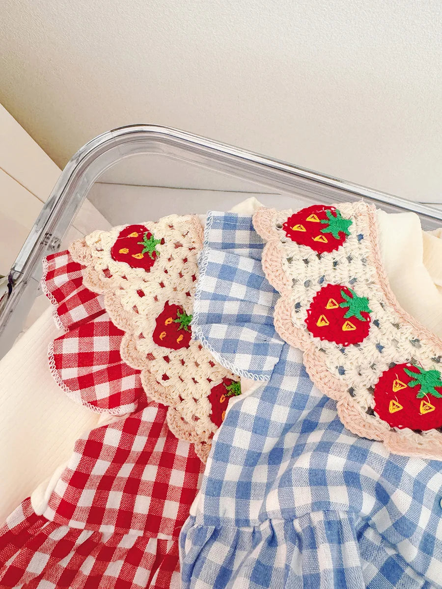 Spring And Autumn New Sweet Red Strawberry Baby Girl Dress, Plaid Long Sleeved Children'S Clothing (6 Months -3 Years Old)