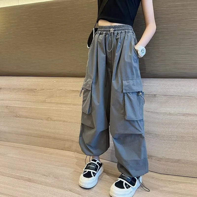 Girls' High Waist Straight Trousers Kids Fashion Hip Hop Joggers Cargo Pants Children Cool Spring Autumn Drawstring Sweatpants