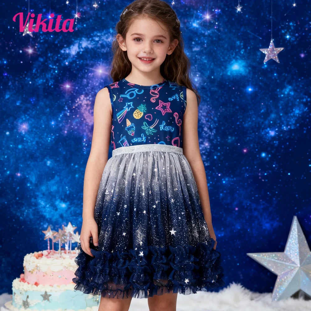 Toddlers Sleeveless Polyester Dress Kids Stars Flamingo Pineapple Print Dress Kids Starry Gradient Tulle Mesh Elegant Dress