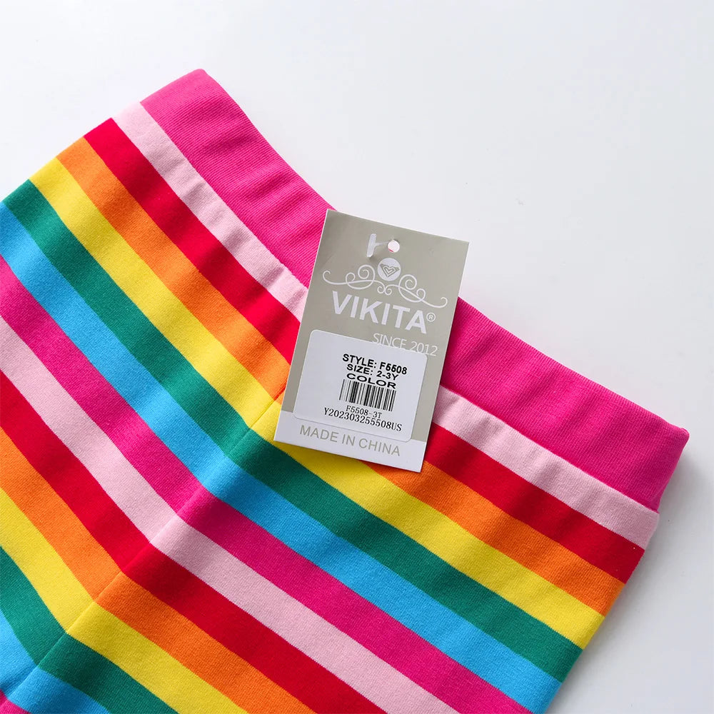 VIKITA Girls Clothing Sets Kids Floral Print Long Sleeve Cotton Rainbow Striped T Shirt and Leggings 2 Pcs Home Wear Clothes Set