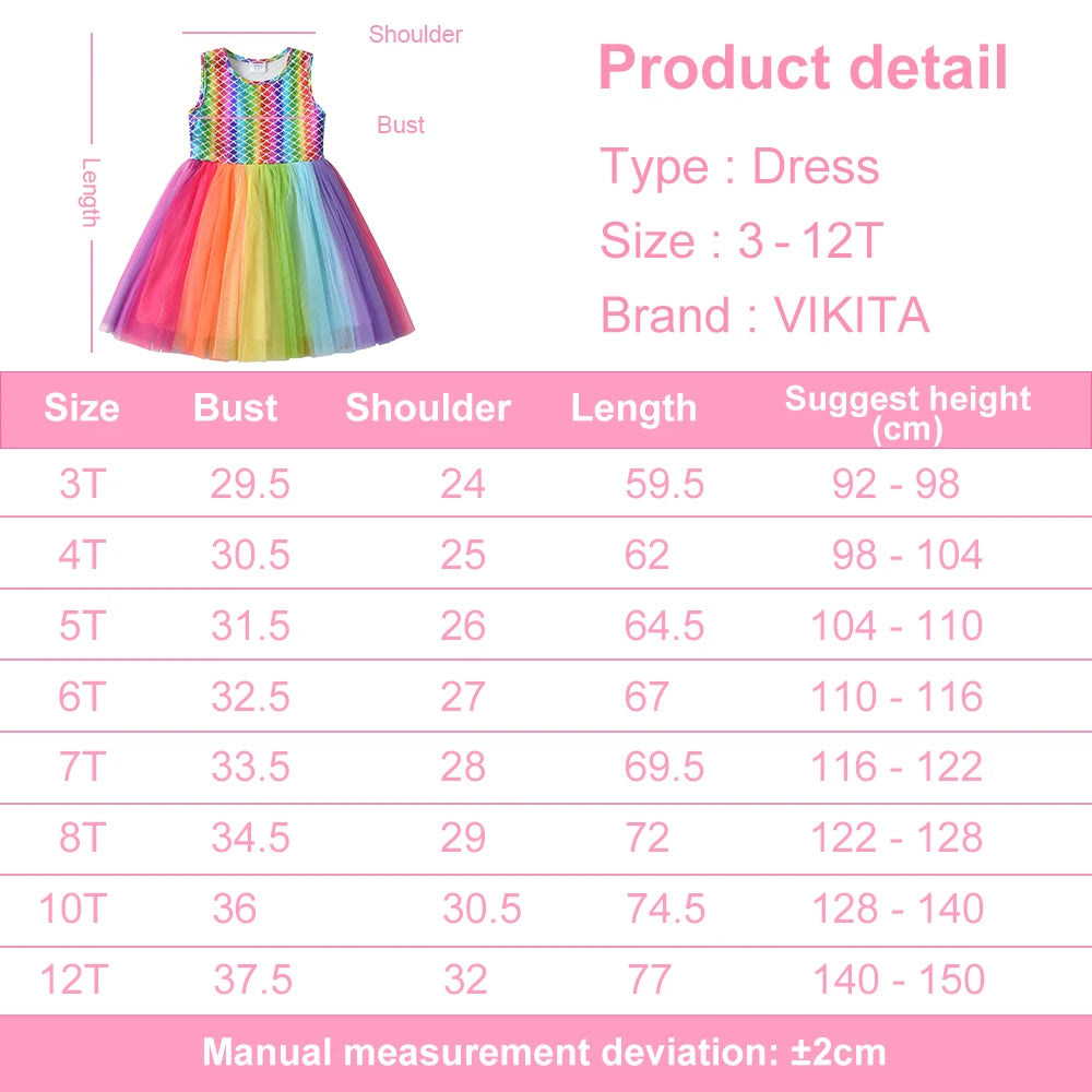 VIKITA Girls Sleeveless Summer Dress Kids Rainbow Print Colorful Multicolor Dresses Girls Mermaid Print Party Princess Vestidos