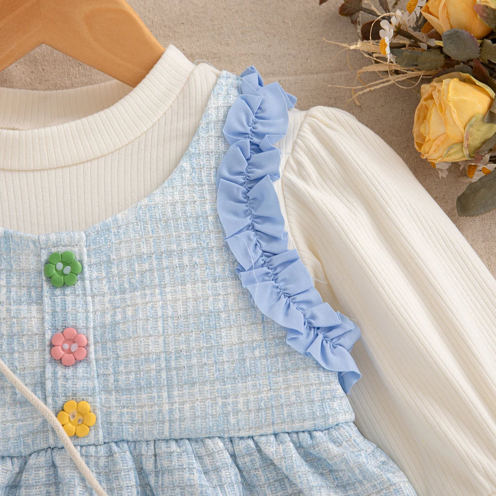 9 Months -3 Years Old Spring And Autumn New Simple Striped Baby Girl Dress, White Long Sleeved Children'S Clothing + Flower