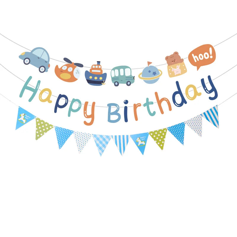 Happy Birthday Banner Little Bear Car Sign Reusable Decorations with Colorful Flag, Lovely Cartoon Birthday Party Decor for Kid