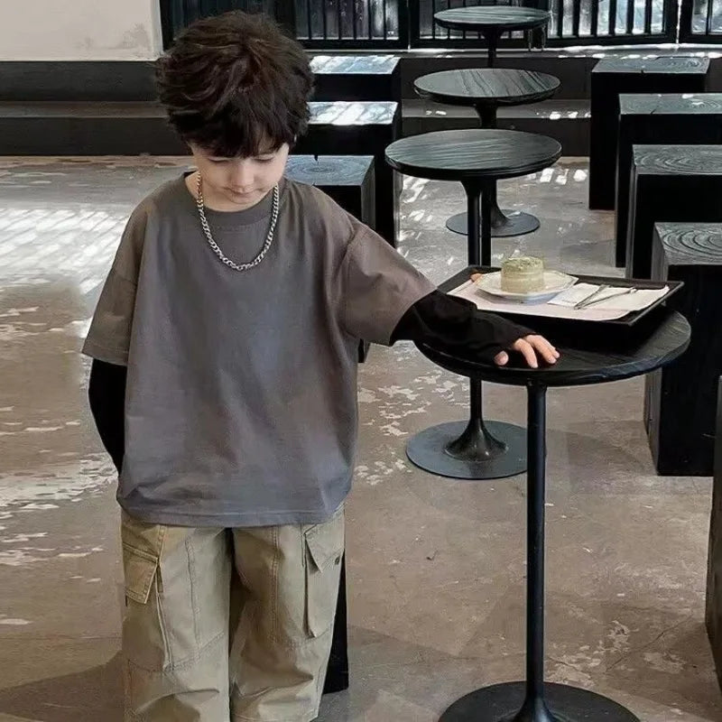 Fake Two Pieces Children's T-shirts Cartoon Fashion Boys Long Sleeve Tee Korean Clothes 2025 Top Clothing Boy T-shirt Kids Child