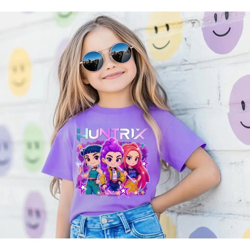 2025 Hot Huntrix Kpop Demon Hunters T-Shirt for Boys Girls Fans Gift Summer Crew Neck Short Sleeve Tees Fashion Kids T-shirt