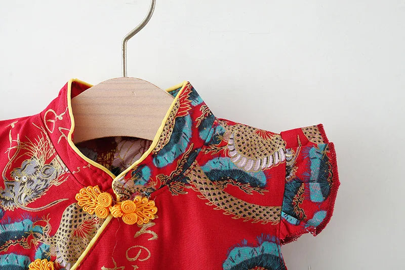 (9 Months -3 Years Old) Summer New Chinese Retro Style Baby Girl Dress, Spring Festival Party Children'S Clothing