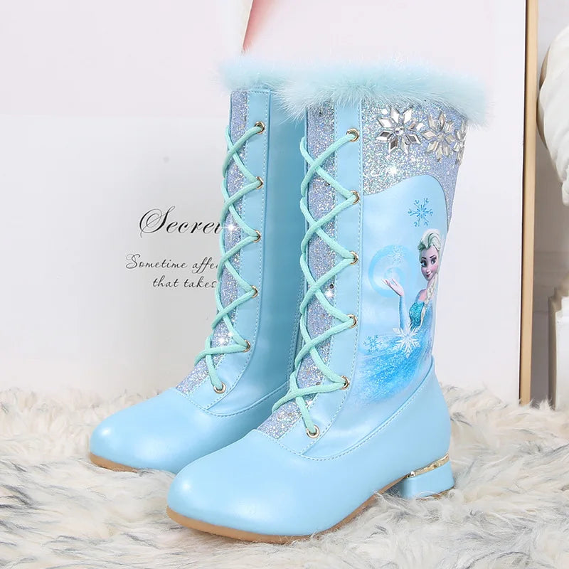 Disney Girls' Leather Boots Winter Cartoon Frozen Boots Side Zipper High Plush Princess Elsa Boots Warm Children's Boots Size 27