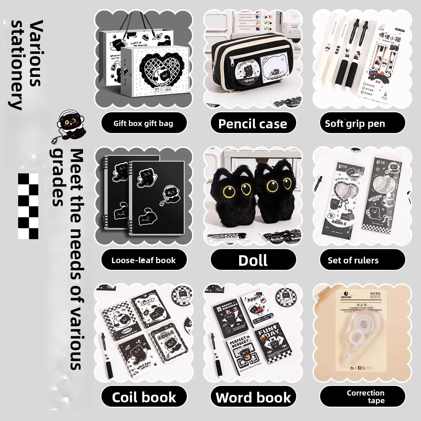 Black Kitten Stationery Set - Cute Cat School Supplies for Students, Aesthetic Pen & Pouch Back-to-School Kit