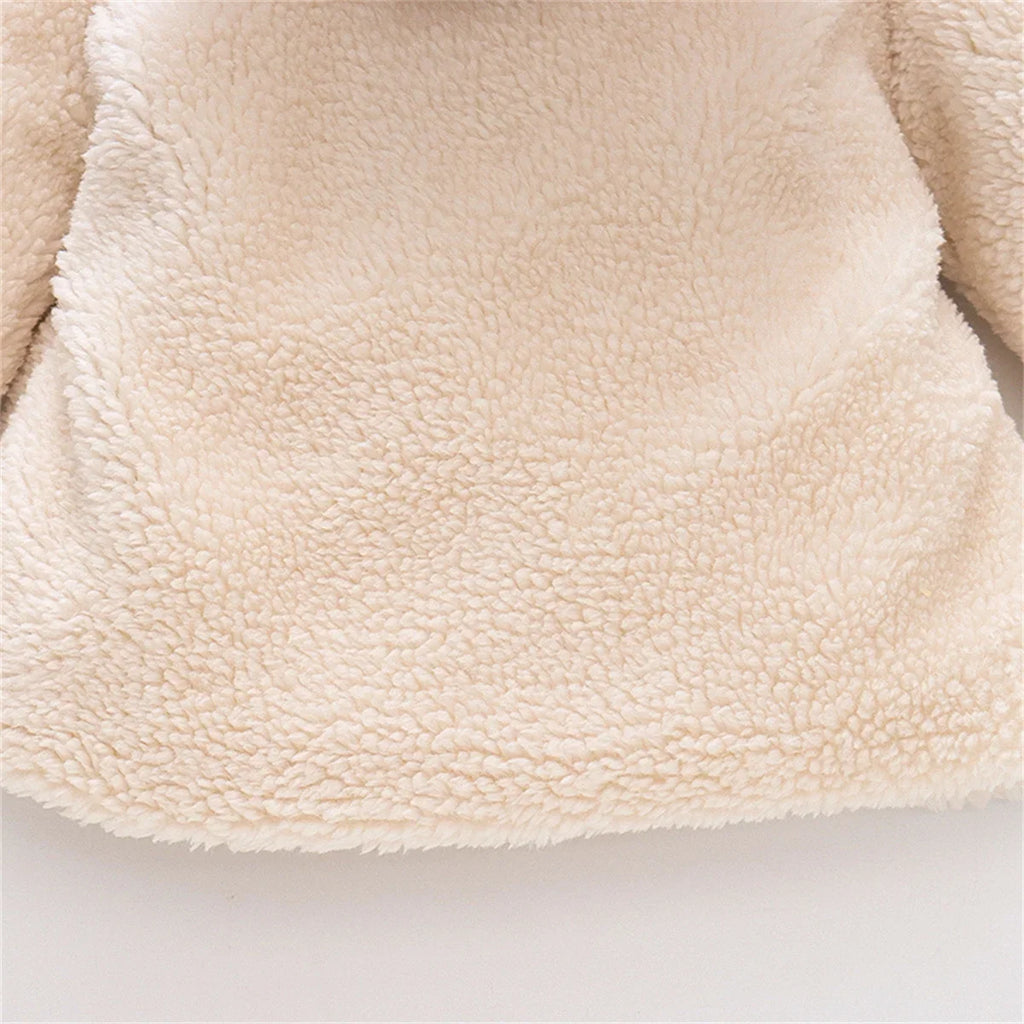 (0-3 Years Old Girls) Winter New Girls' Top Warm Furry Hat Bow Ribbon Warm Cute Hooded Bear Ears Long Sleeve Pocket