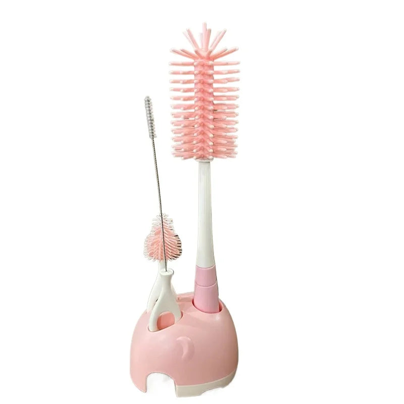 Baby Silicone Bottle Brush Set with Stand Baby Cleaning Brush Travel Size Drain Rack Long Handle 3 in 1 Multipurpose