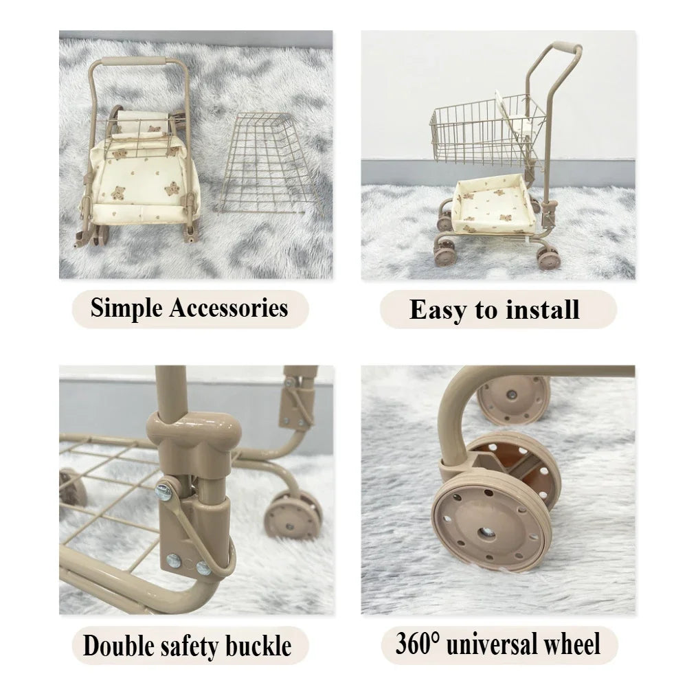 Girls Toy Shopping Cart with Sturdy Metal Frame Foldable Doll Trolley with Storage Basket Pretend Play Gifts for Kids Toddler