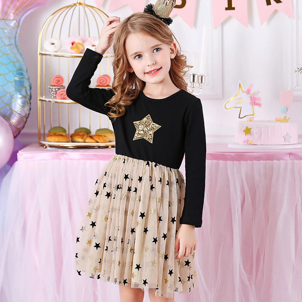 VIKITA Kids Autumn Dresses for Girls Star Sequins Princess Dress Girl Long Sleeve Party Vestidos Girls Dress Children Clothing