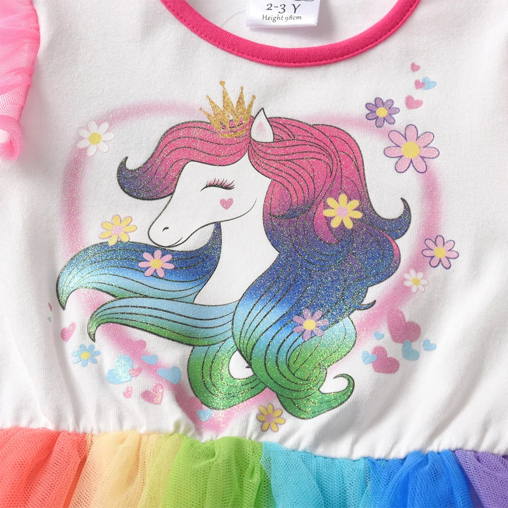 VIKITA Girls Licorne Heart Shape Flower Print Cartoon Dress Kids Rainbow Colorful Gradient Princess Party Tutu Long SleeveDress