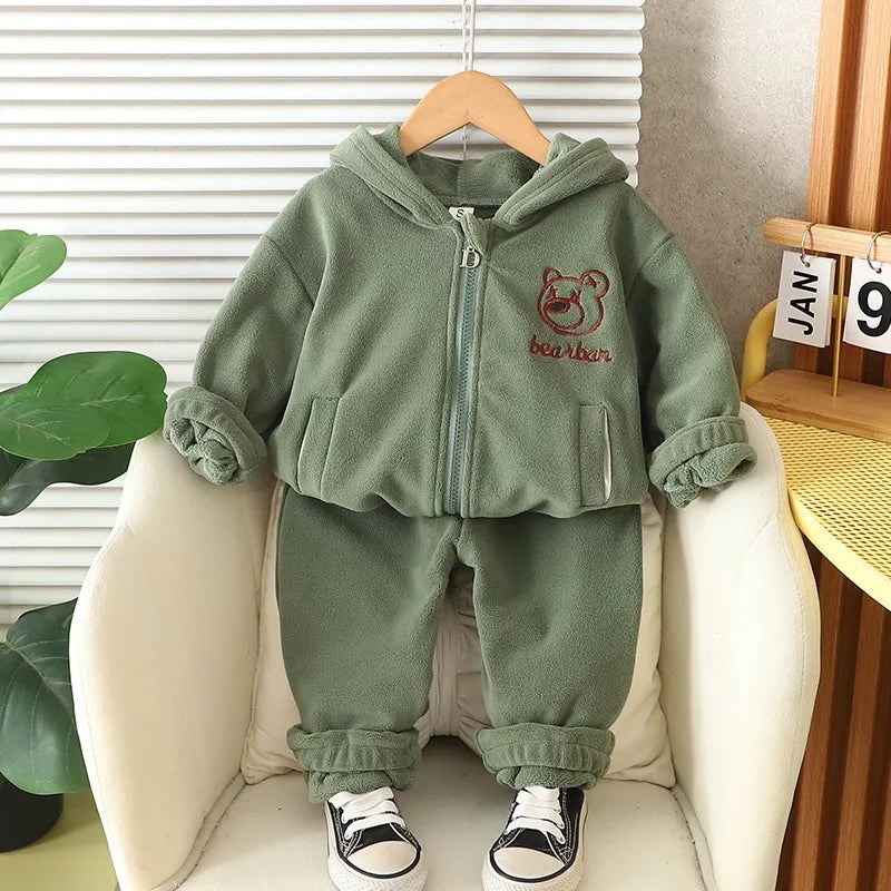 Autumn Winter Baby Boys Warm Clothes Set Thick Fleece Cartoon Bear Zipper Hooded Jacket Pants 2Pc For 1-5 Years Girls Sport Suit