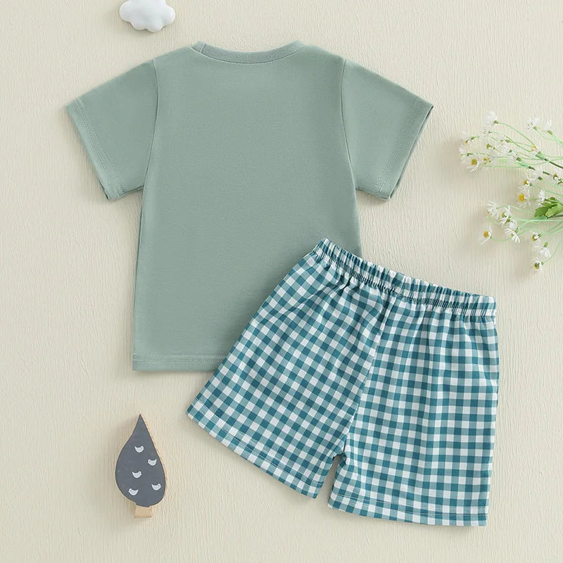 Infant Boy Outfit Set with Cute Animal Embroidery Short Sleeve Tee and Stylish Plaid Shorts for Summer 2 Piece Set