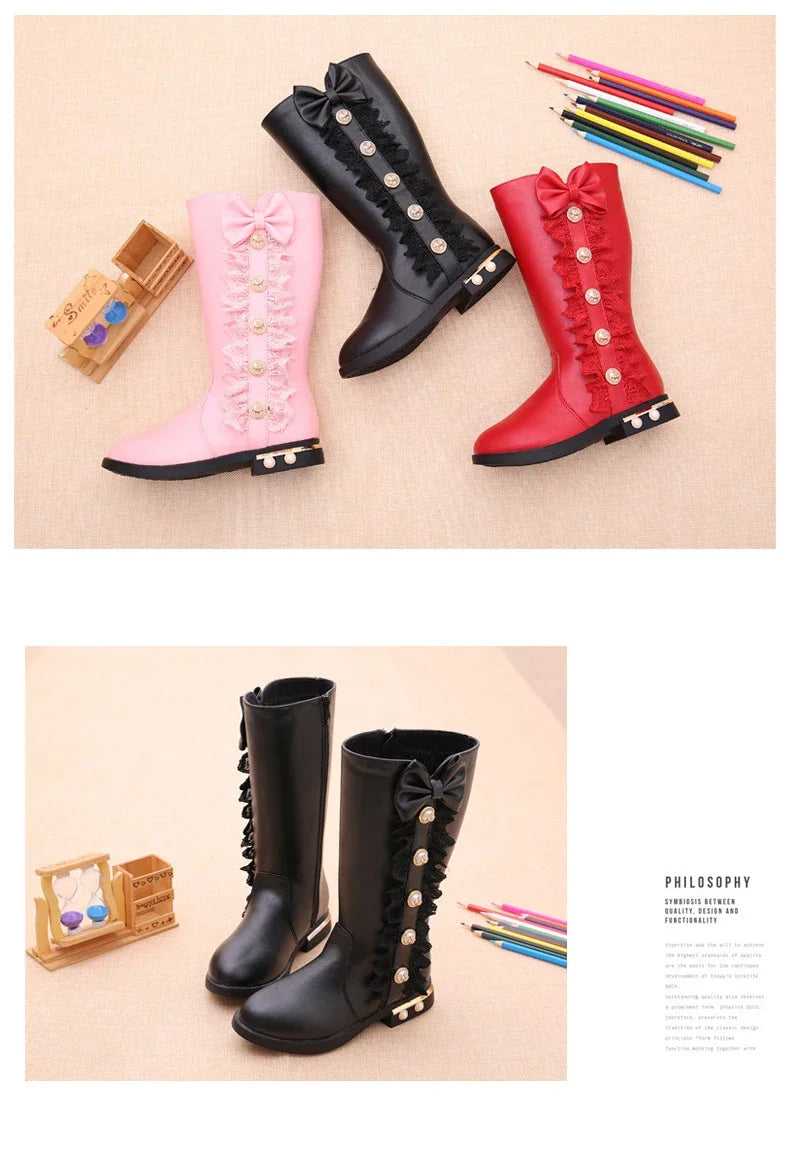 Girls Boots Autumn Winter Kids Princess Boots Lace Pearls with Bow-knot Sweet Warm Cotton Fur Lining Children Long Boots High