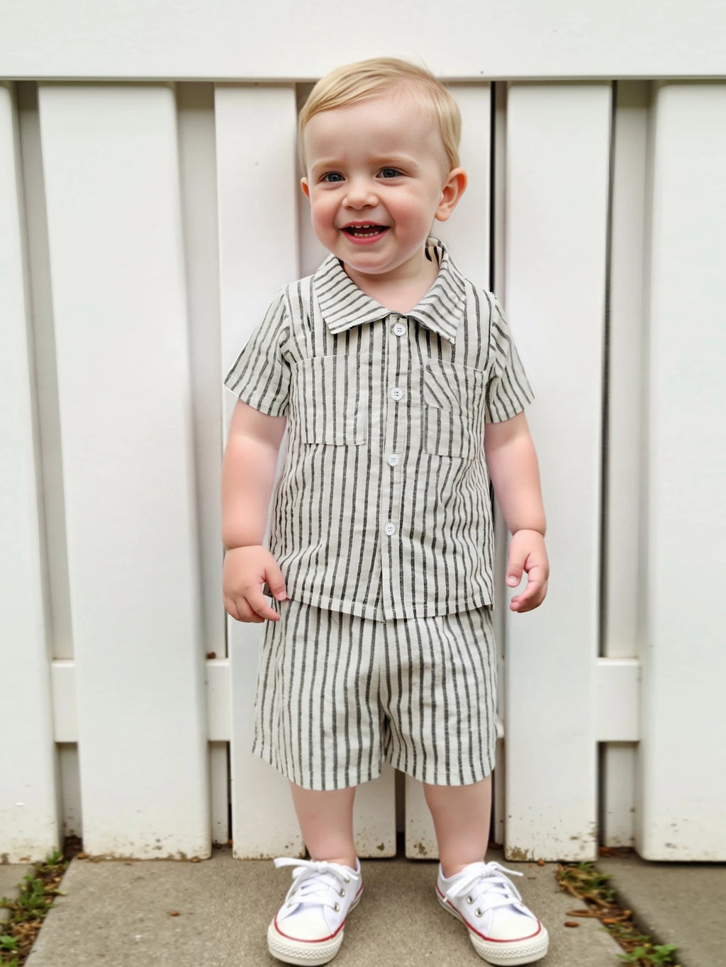 Infant Boy s 2-Piece Outfit Set with Striped Collared Shirt and Elastic Waist Shorts for Summer Wear Toddler Baby Boy Clothes