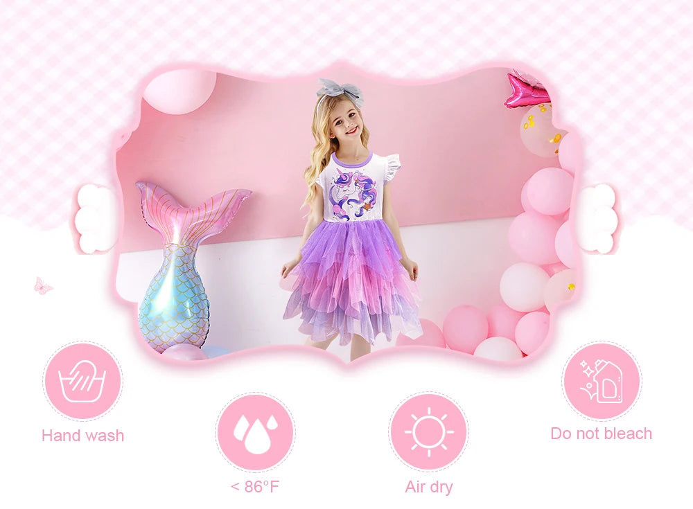 VIKITA Summer Kids Dresses Flying Sleeve Unicorn Children Dress Cartoon Print Tutu Girls Dress  Baby Irregular Party Clothing