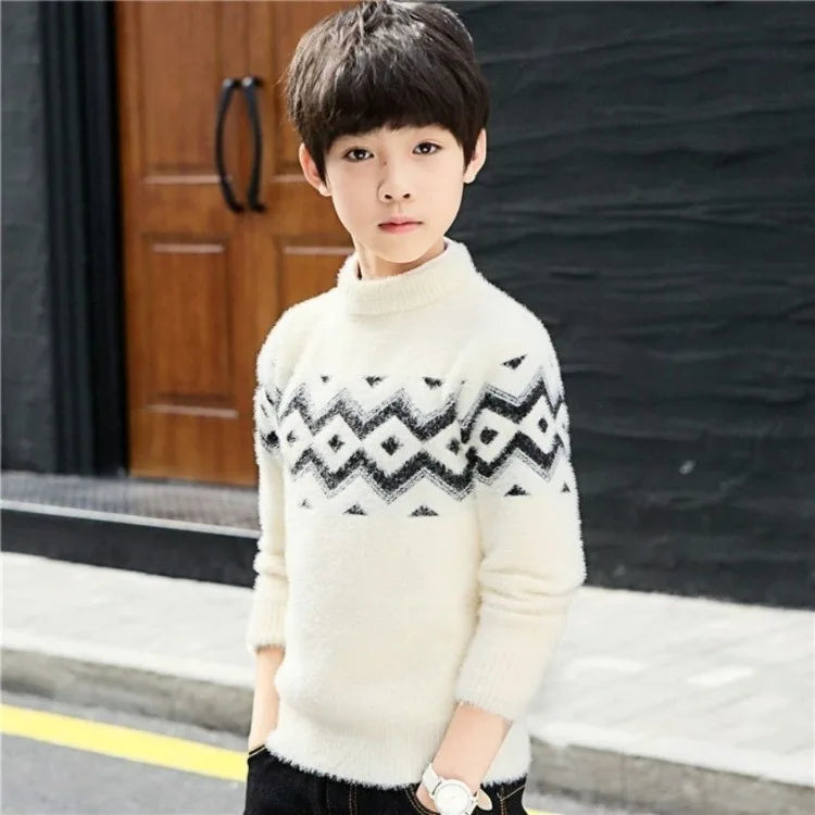 Heavyweight Mink Velvet Boys' Pullover Sweater Autumn Winter Base Layer Thickened Knit Sweater for Kids Ages 3-14 Toddler Youth