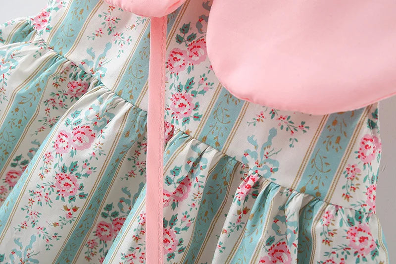 Summer New Pink Doll Neck Baby Girl Dress, Sweet Floral Children'S Sleeveless Clothes+Love Bag (9 Months -3 Years Old)