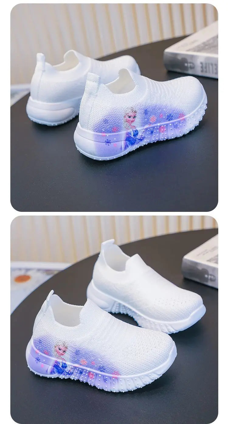 Disney Solid White Fashion Knitting Frozen Princess Elsa Children Casual Shoes Kids' Light Breathable Stretch Socks Sneakers Siz