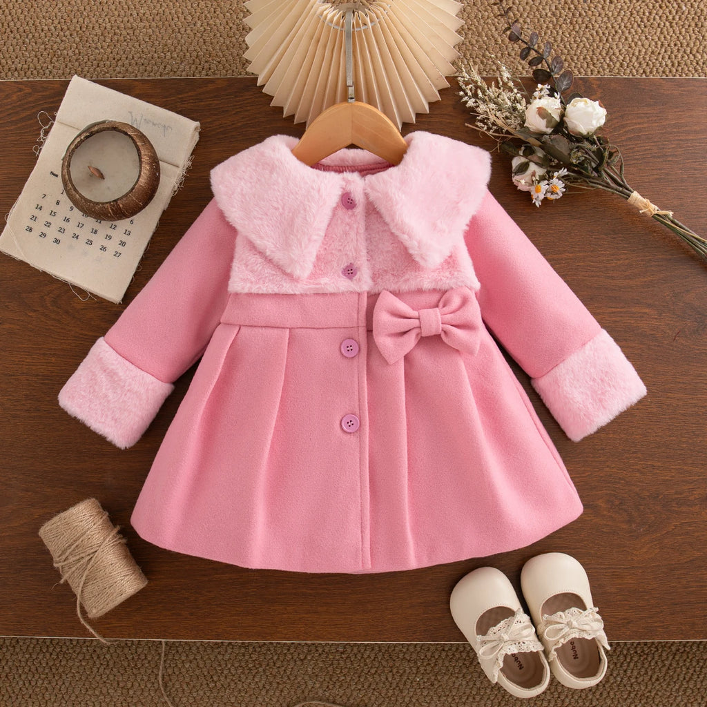 Winter New Pink Bow Baby Girl Coat, Sweet And Cute Children'S Clothing Suitable For Babies Aged 6 Months To 3 Years Old