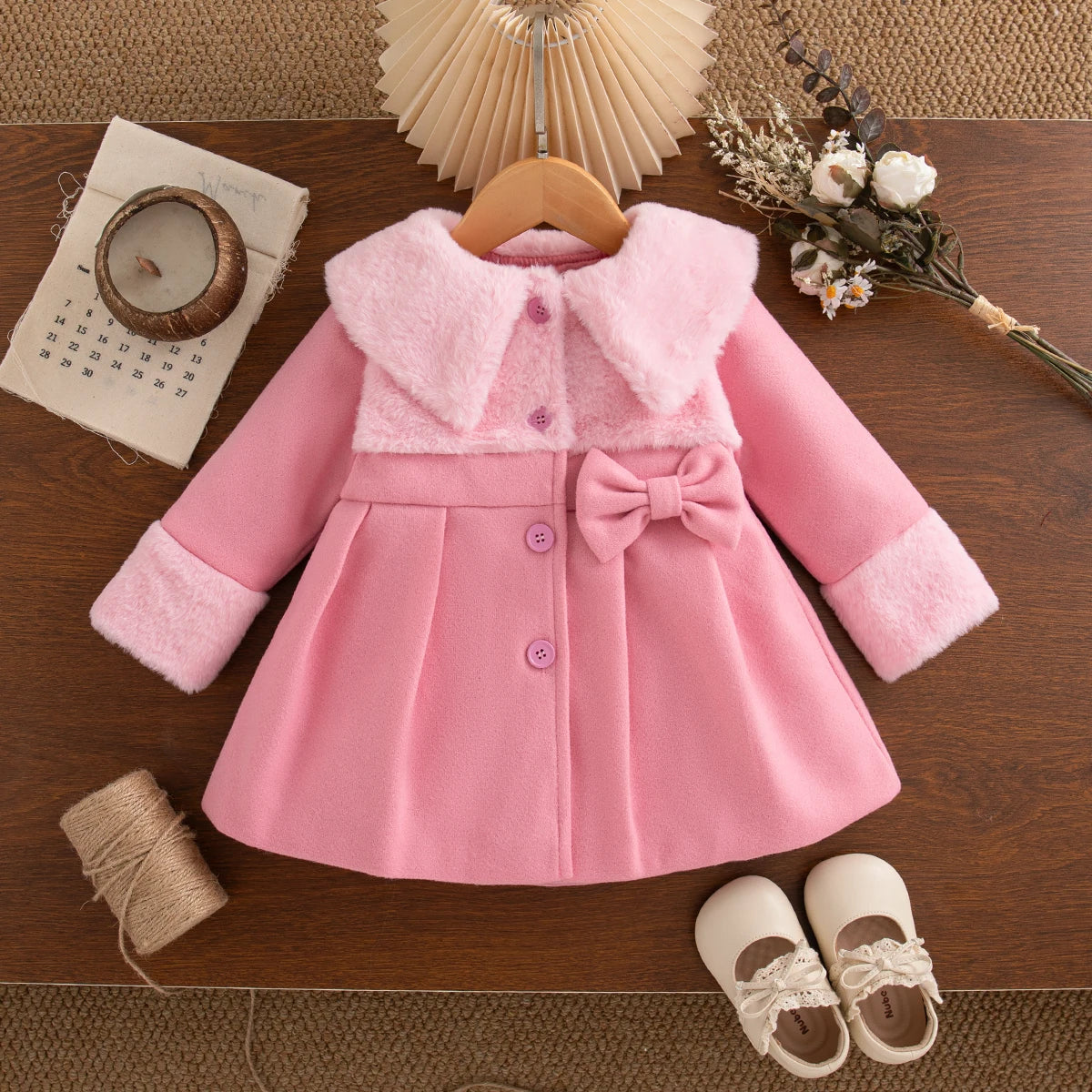 Winter New Pink Bow Baby Girl Coat, Sweet And Cute Children'S Clothing Suitable For Babies Aged 6 Months To 3 Years Old