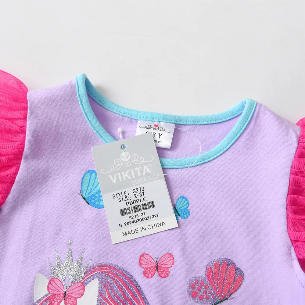 VIKITA Girls Flare Sleeve Summer T Shirt Kids Unicorn Flower Print Cartoon T Shirts Kids Casual Daily School Cotton Casual Tops