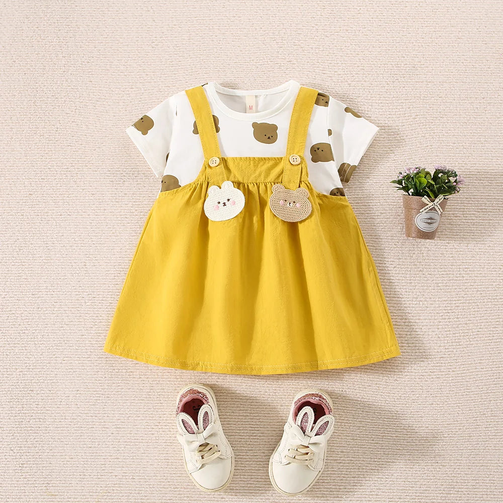 (6-24 Months) Summer New Small Bear Short Sleeved Baby Girl Dress, Fake Two Children'S Clothes