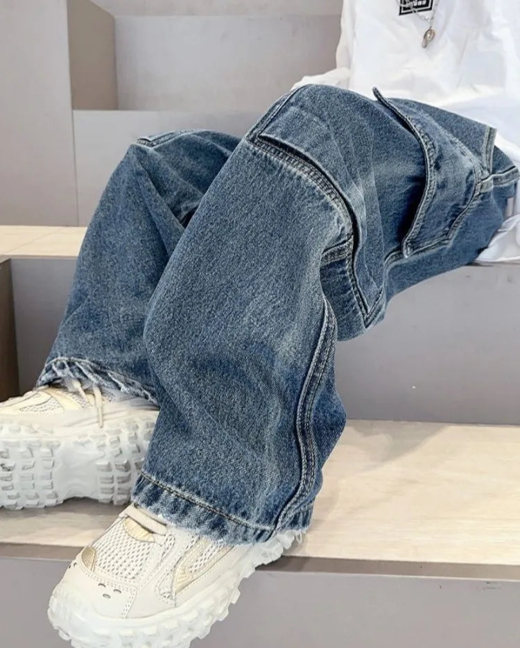 2025 New Boys Cargo Jeans Straight Wide Leg Spring Autumn Toddler Boys Big Boys Spring Fashion Jeans