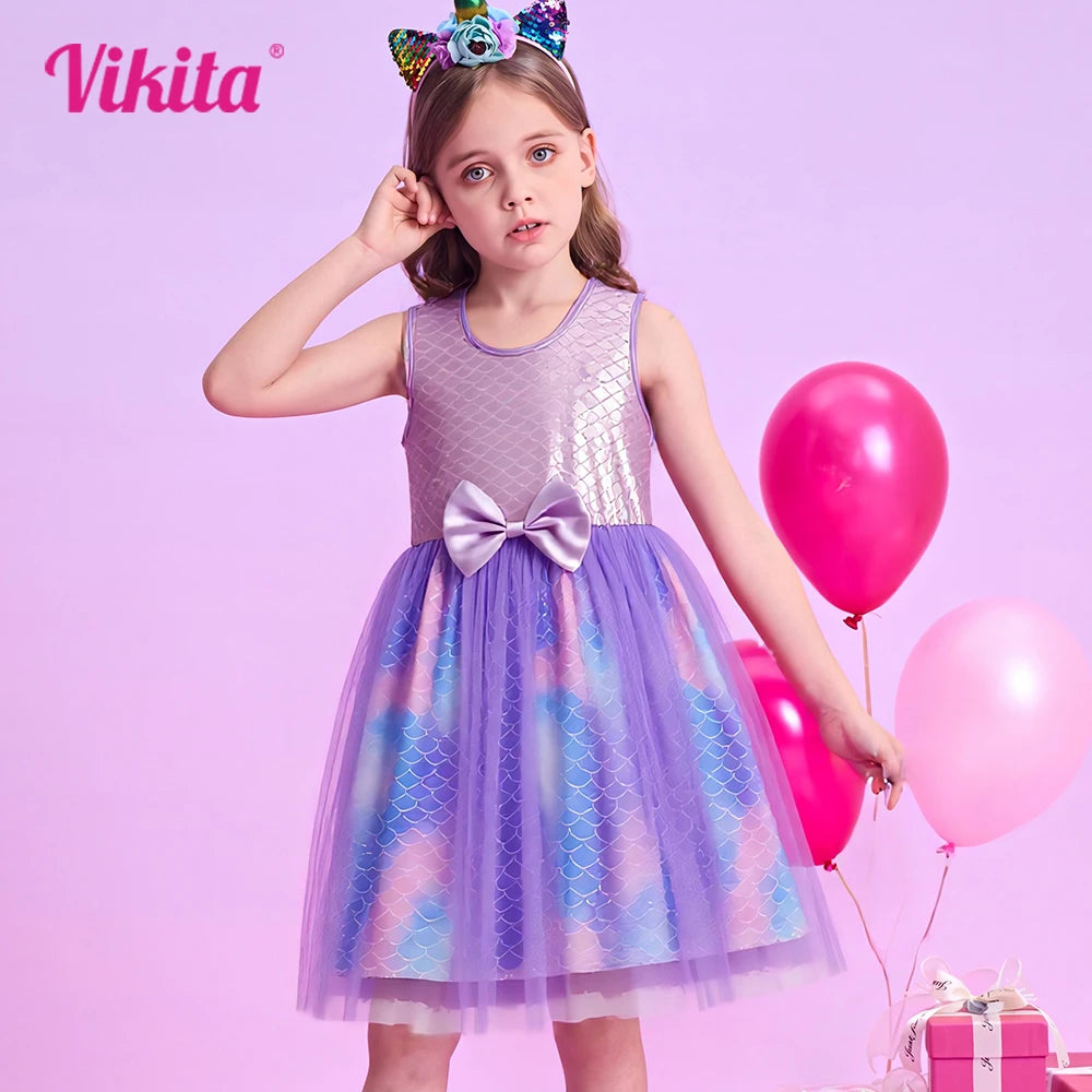 VIKITA Girls Mermaid Print Dress Kids Summer Sleeveless Dresses with Bow Knot Girl Princess Party Prom Gown Beach Vacation Dress